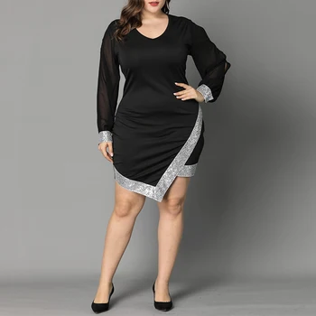 

Evening Party Summer Plus Size Dress Women 6XL 2020 New Long Sleeve Solid Black Elegant Large Size Dress For Ladies vestidos D30