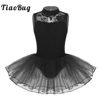 

TiaoBug Kids Dancewear Sleeveless Mock Neck Lace Mesh Professional Ballet Tutu Dress Girls Gymnastics Leotard Dance Costume