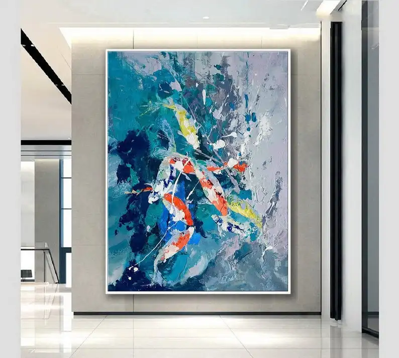 

Colorful Palette Knife Thick Acrylic Abstract Artwork Painting Extra Large Oversize Modern Wall Art Gray Turquoise Koi Painting