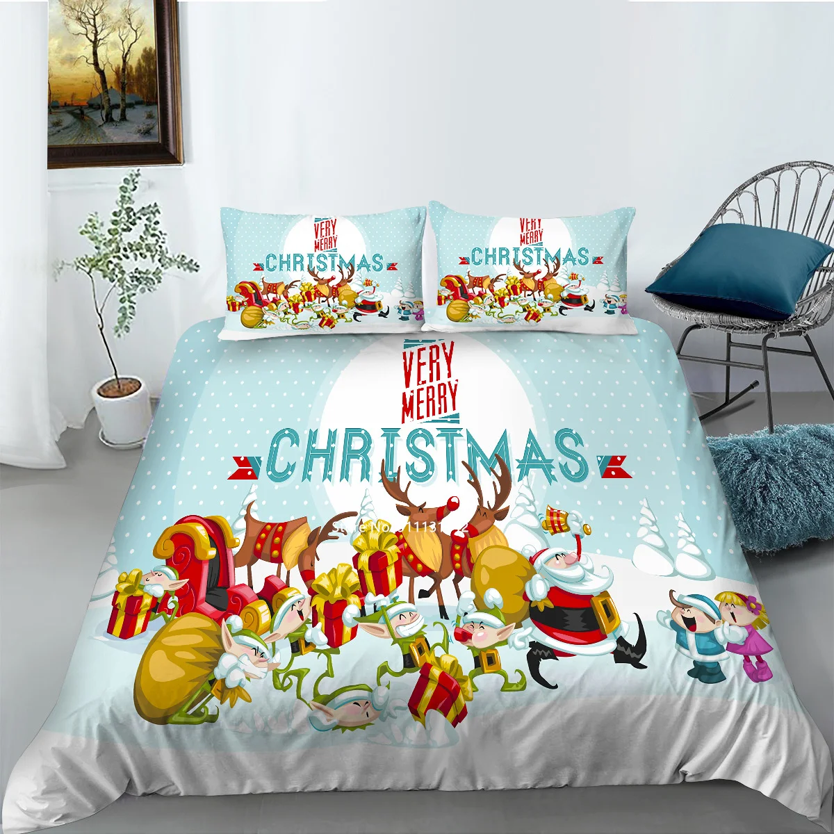 Creative Cartoon Christmas Pattern Bedding Set 3D Digital Printed Down Duvet Cover Pillowcase Multi-size Bedroom Home Textile 