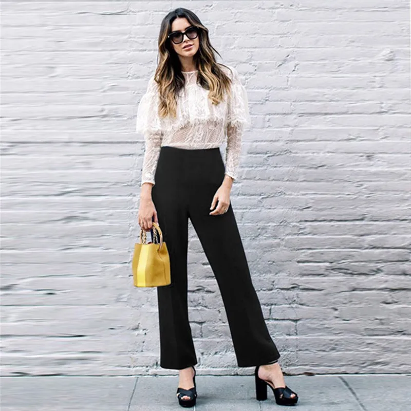 

Pantalones Mujer Moda 2019 Plus Size Vintage Palace Pants Elastic Waist Wide Leg Pants Office Elegant Black Work Pants 5#5
