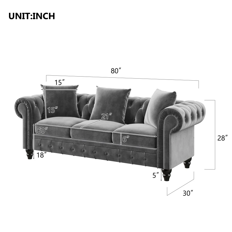 Chesterfield Sofa Set Button Tufted Velvet Upholstered Low Back Loveseat & 3 Seat Sofa Roll Arm Classic,5 Pillows Sectional Sofa