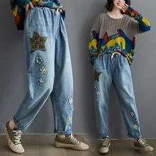 Женские джинсы осень корейская версия художественного искусства 100 вышитые ковбойские брюки из Харлана толстые мм тонкие повседневные брюки