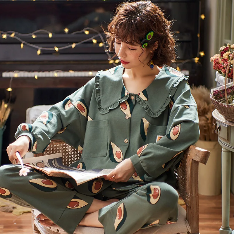 

Avocado Cardigan Pajama Sets Shirts + Pants Home Clothes Korean Style Knitted Cotton Sleepwear Women Nightwear Cartoon Nightie