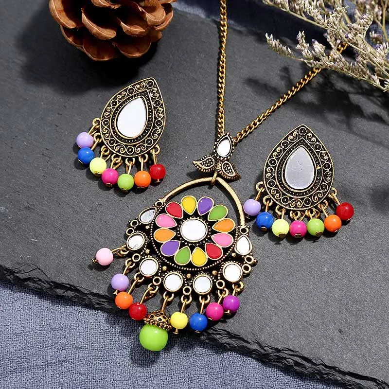 

Indian Jhumka Earrings & Necklaces for Women Jewelry Sets Vintage Gold Bells Beaded Statement Mirror Necklace Thailand Jewelry