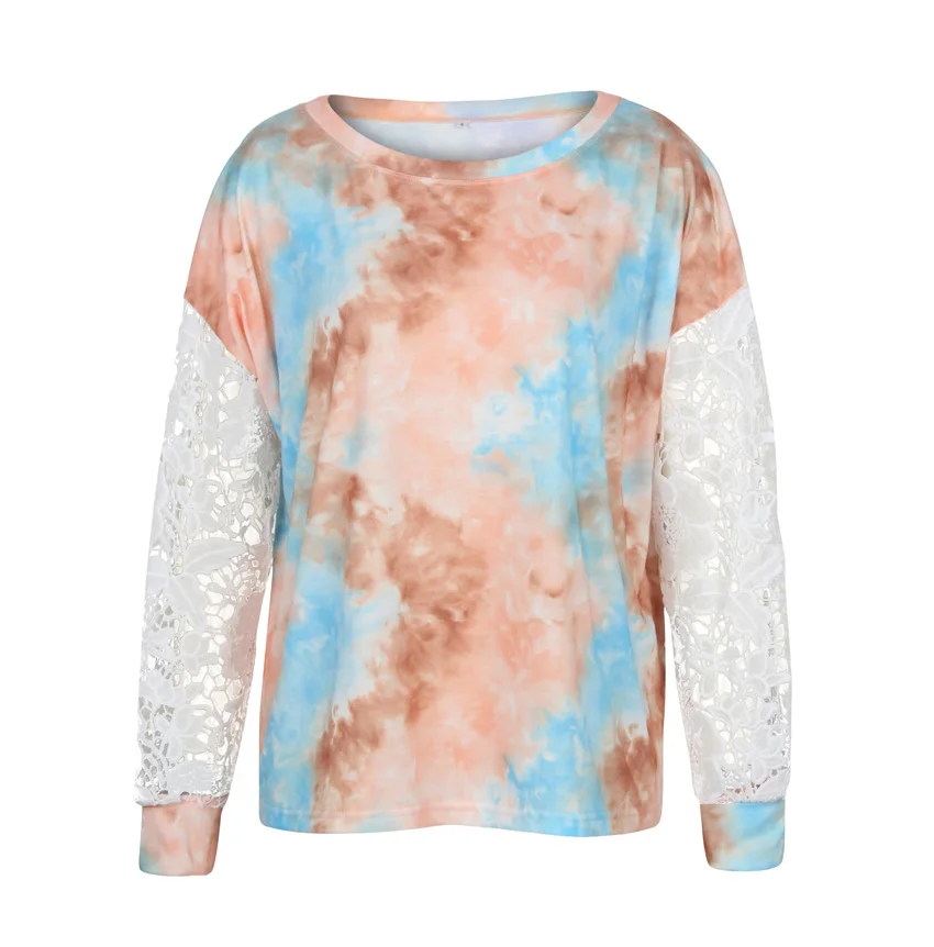 Jessie Vinson Long Sleeve T Shirt Women Chic Lace Sleeve Tie Dye Print Tshirt Autumn Casual Loose Tops Female Tee Clothing 2020