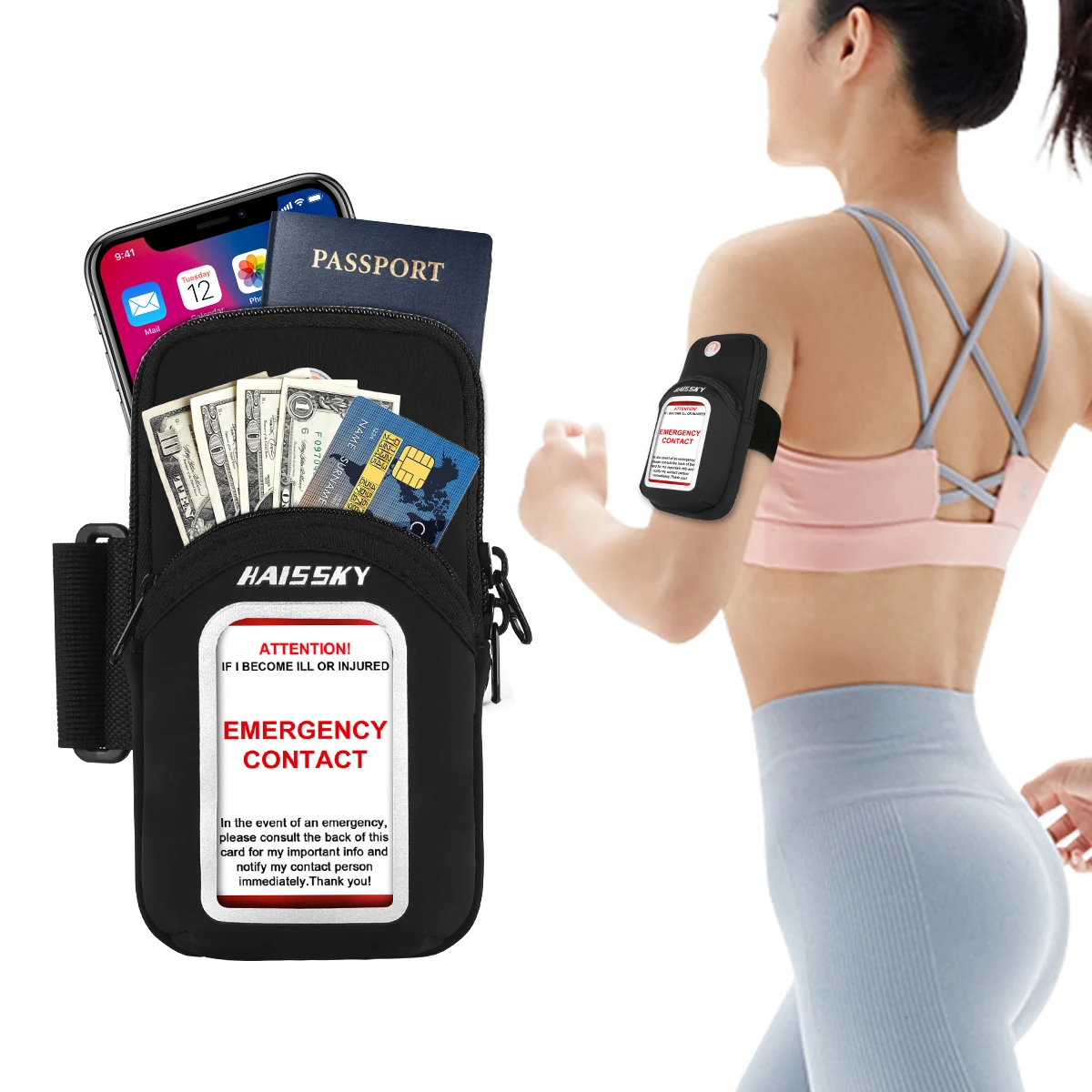 

HAISSKY New Outdoor Sports Running Bag With Emergency Card GYM Fitness On Hands Arm Band Mobile Phone Pouch Zipper Pocket Bags