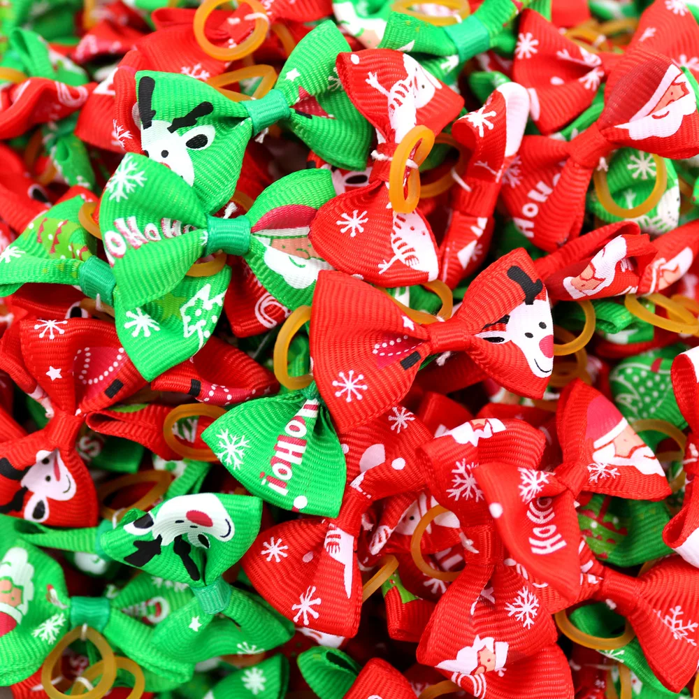 

20 Pcs/lot Christmas Cute Dog Bows Cat Hair Accessories Grooming Puppy Elk Snow With Rubber Bands Pet Headwear Dog Collar