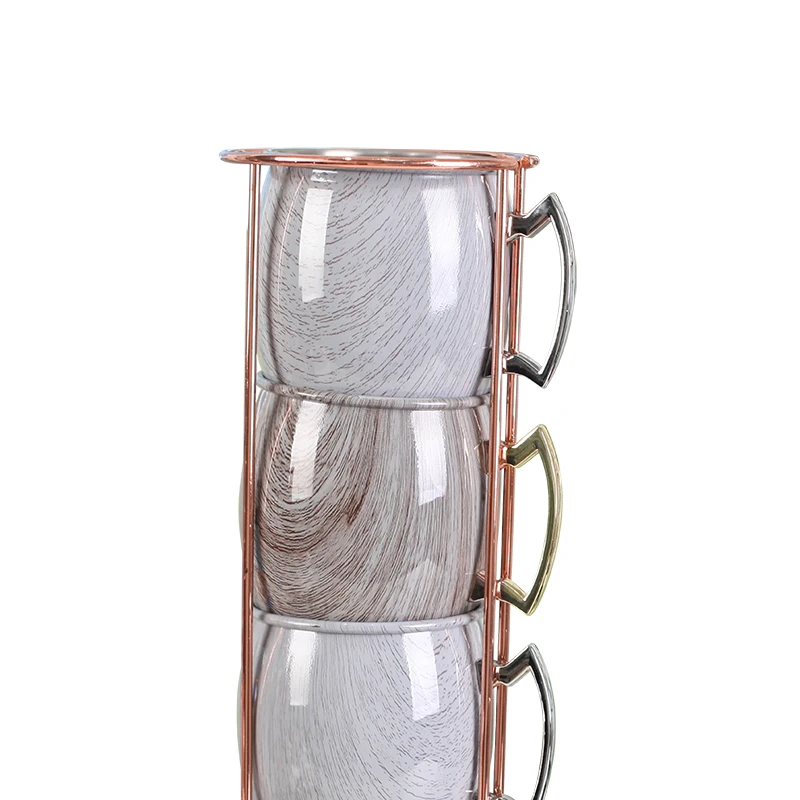 Beautiful Copper Plated Bracket With Water Transfer Printing 4pieces Coffee Mug