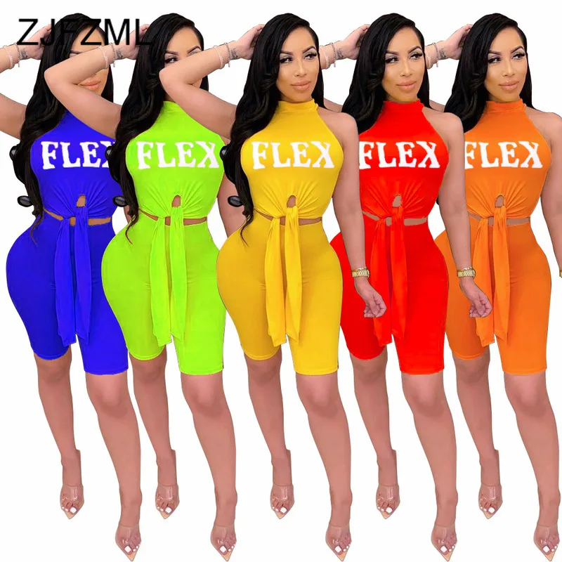 

Neon Green Yellow Letter Print Two Piece Set High Necked Sleeveless Crop Top And Skinny Short Suit Summer Sportswear Club Outfit