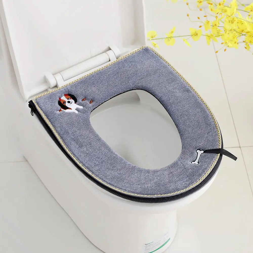 

Cute Toilet Seat Cover Zipper Design Short Fiber Velvet Toilet Pad Washable Closestool Lid Pad Bathroom Accessories