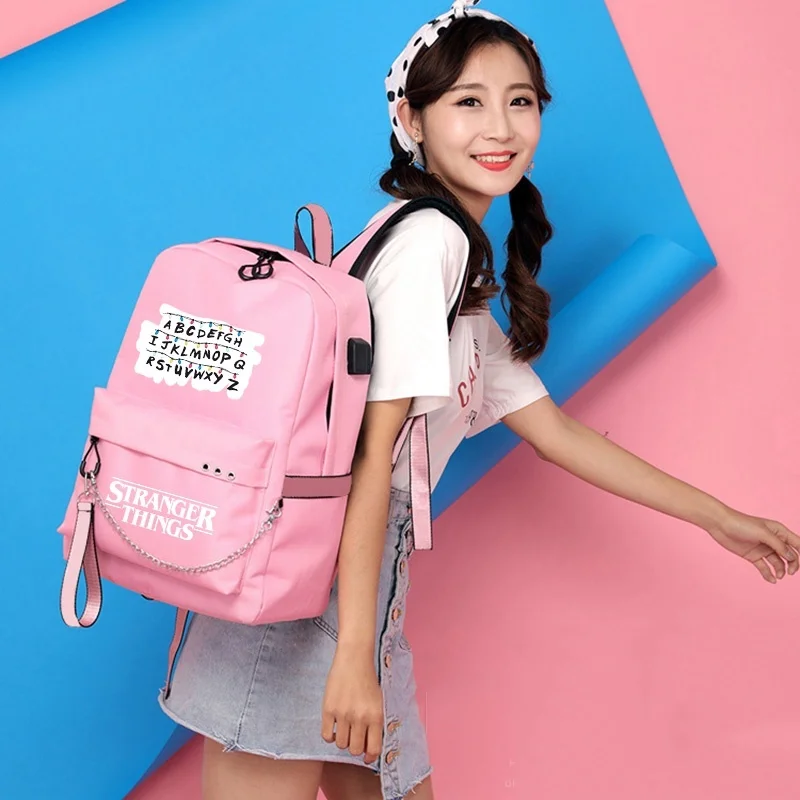 BPZMD розовый очень странные дела Для женщин рюкзак для школьников-подростков; обувь для девочек; обувь для студентов; Водонепроницаемый холщовых сумок usb-устройства для ноутбука, рюкзак для путешествий