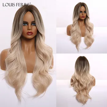 

LOUIS FERRE Ombre Brown Blonde Platinum Synthetic Wigs for Black Women Middle Part Long Wave Wig Cosplay Heat Resistant Fibre