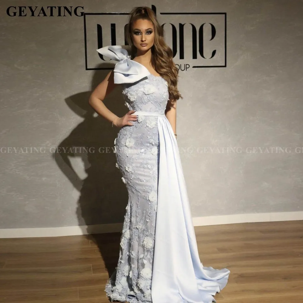 Sky Blue One Shoulder Mermaid 3D Flower Evening Dress with Bow Train Elegant Women Arabic Formal Dresses Dubai Prom Party Gowns