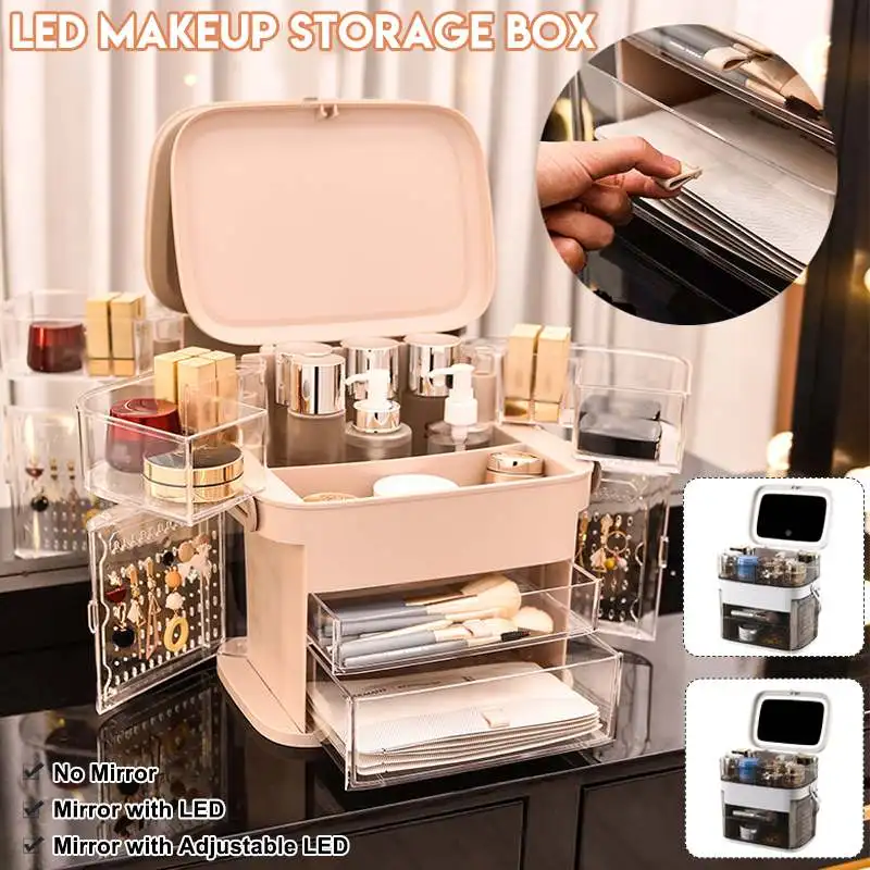 

New Porfessional LED Mirror USB Rechargeable Makeup Organizer Cosmetic Storage Box Jewelry Collect Container Drawer Portable