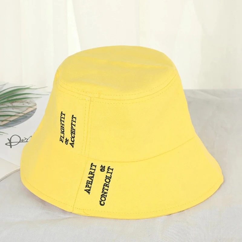 

Dropshipping Candy Color Letter Bucket Hats Women Shading Flat Caps Outdoor Fisherman Sunscreen Folding Cap 2020