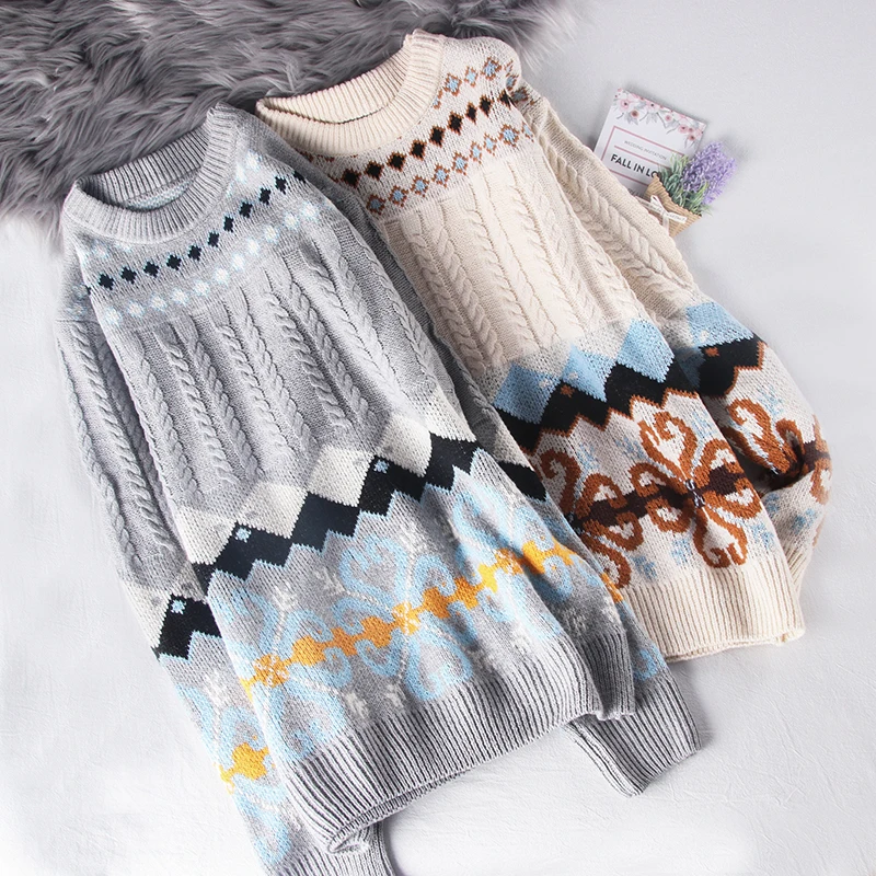 Shellsuning свитер в богемном стиле для женщин зимние ромбовидные решетки утолщаются вязаный пуловер Джемперы повседневные негабаритные винтажные женские топы