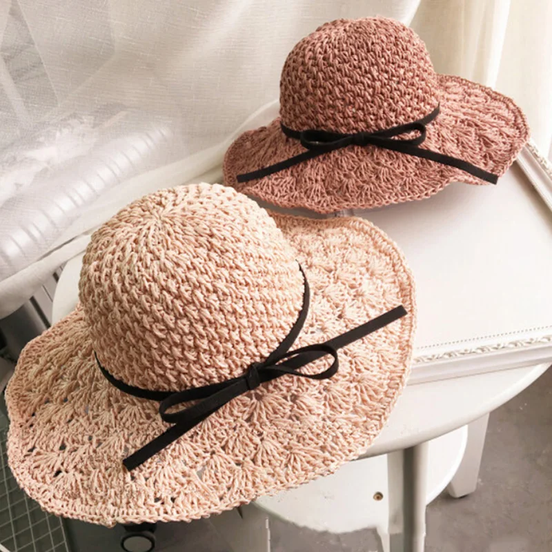 Складной солнцезащитный козырек Femme cap Женская соломенная шляпа Bowknot затенение от солнца Кепка с широкими полями для студентов