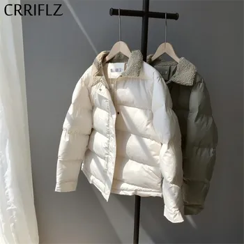 

CRRIFLZ New Womens Winter Jackets Short Warm Thicken Down Parka Women Short Lambswool lapel Down jacktes Casual Solid Coats