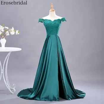

Erosebridal Green Satin Prom Dress Long Off Shoulder Long Formal Evening Gown Lace Body Elegant A Line Evening Dress Small Train