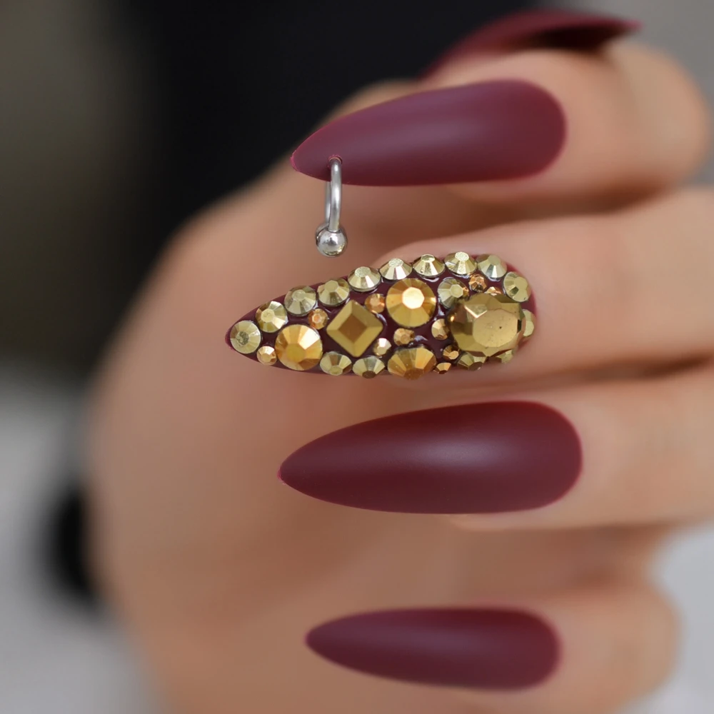 Burgundy Matte Fake Nails Long Stiletto Designer Luxury Nail Horseshoe Ring  Rivet Designed Gold Rhinestones Artificial Nails - False Nails - AliExpress