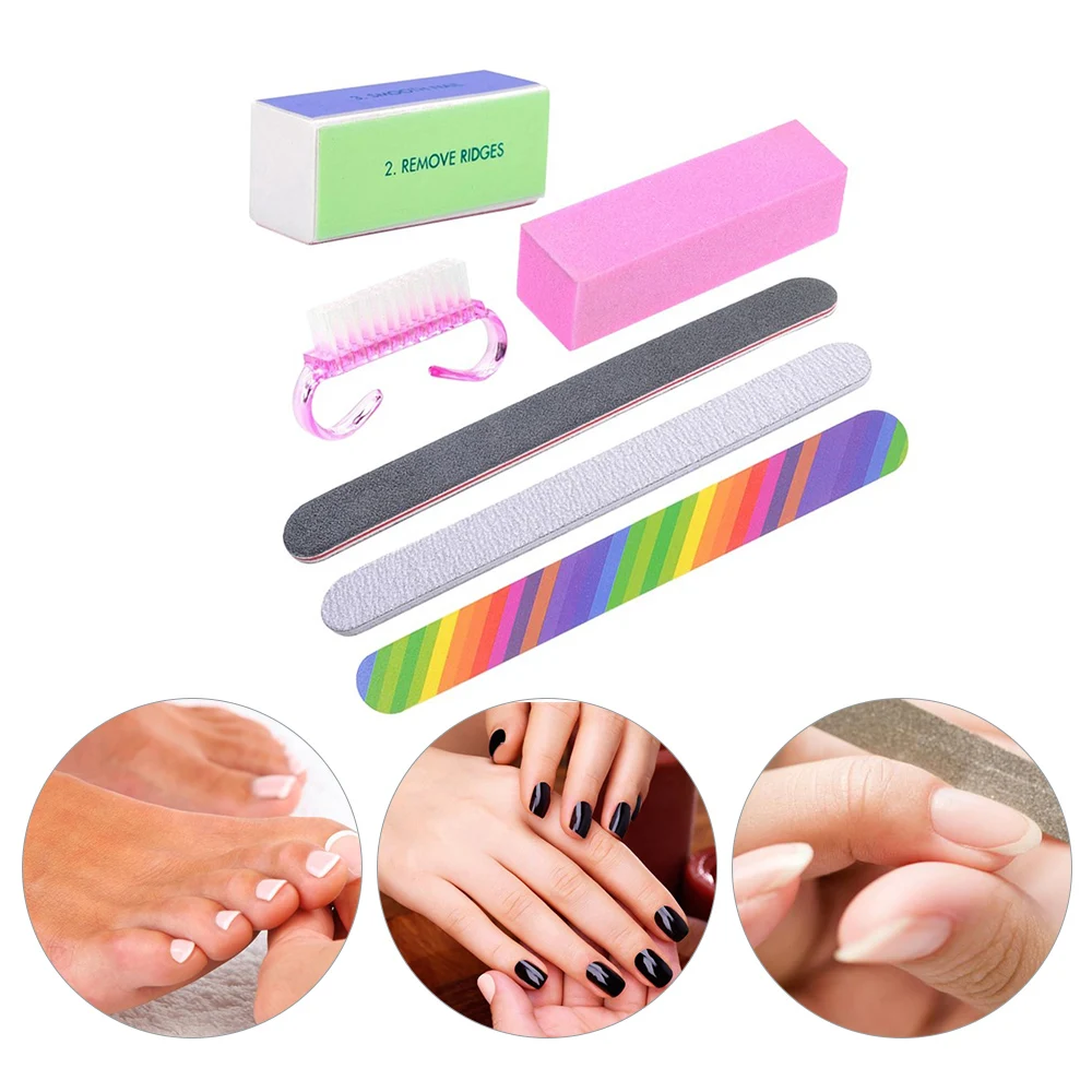 

6pcs Nail Manicure Kit Brush Durable Buffing Grit Sand Fing Art Accessories Sanding Nail Files UV Gel Polish Tools Random Color