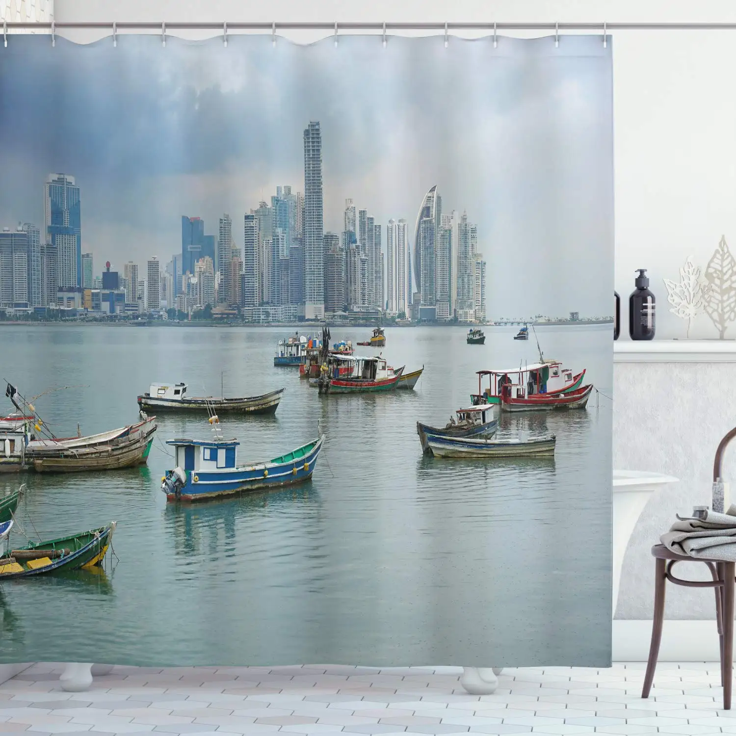 

Landscape Shower Curtain, Anchored Fishing Boats Skyscrapers Panama Cityscape Pacific Coast Central America, Cloth Fabric