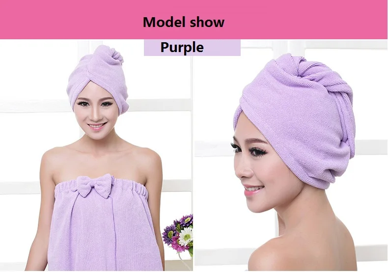 Purple Горячая Распродажа, полотенце из сверхтонкого волокна для сухих волос, банное полотенце из микрофибры, Быстросохнущий тюрбан, супер абсорбент, женская шапка для волос с кнопкой, утолщенная - Цвет: Purple