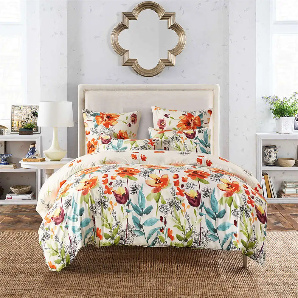 Milsleep Fashion Bed Sheet With Pillowcase Single Double King Size 2/3 pcs Duvet Cover Set Orange Flowers for girls adult | Дом и сад