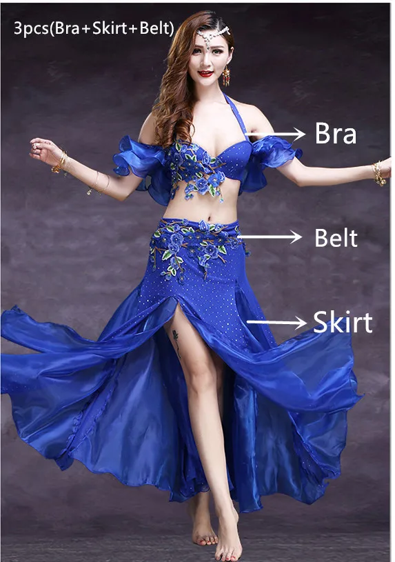 2/3pcs Set New Adult Women Belly Dance Costumes Oriental Belly Dance Skirt Stage Performance Bra Belt Skirt Belly Dance Clothing - Цвет: Blue-3Pcs