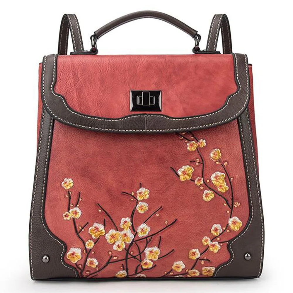 

Backpack Genuine Leather Women Rucksack Messenger Cross body Bag Embossed Plum flower Lady Retro Knapsack Real Cowhide Daypack