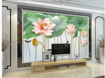 

beautiful scenery wallpapers 3D embossed lotus fresh watercolor lotus leaf TV background wall