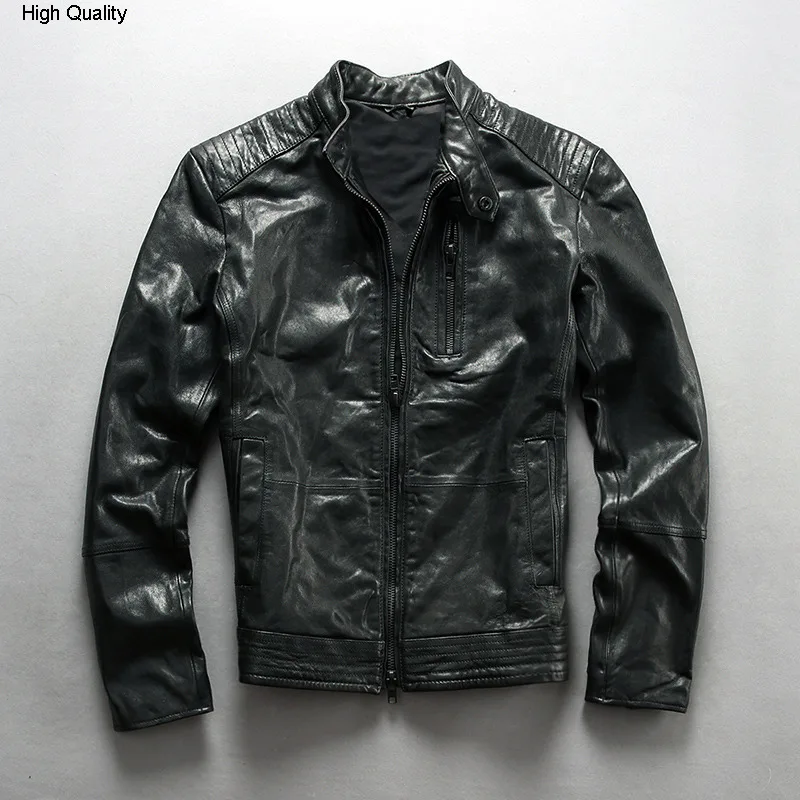 Мужская байкерская куртка черная приталенная из натуральной овечьей кожи