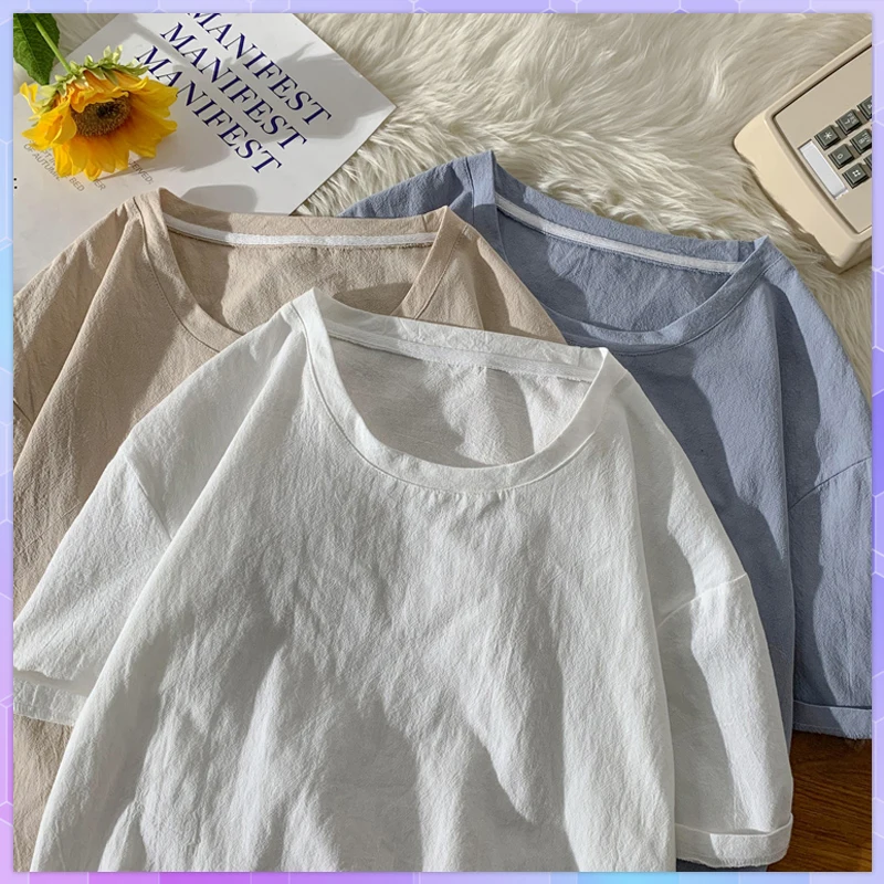 

Футболка женская оверсайз из хлопка и льна, льняная рубашка с коротким рукавом в гонконгском стиле, топ с рукавом до локтя для влюбленных, на лето