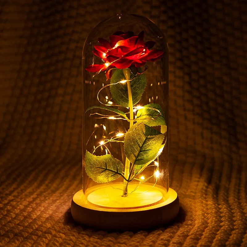 

Artificial Eternal Rose Flower with LED Light in Glass Cover Christmas Home Decor for Mother Valentines Day New Year 2021 Gift