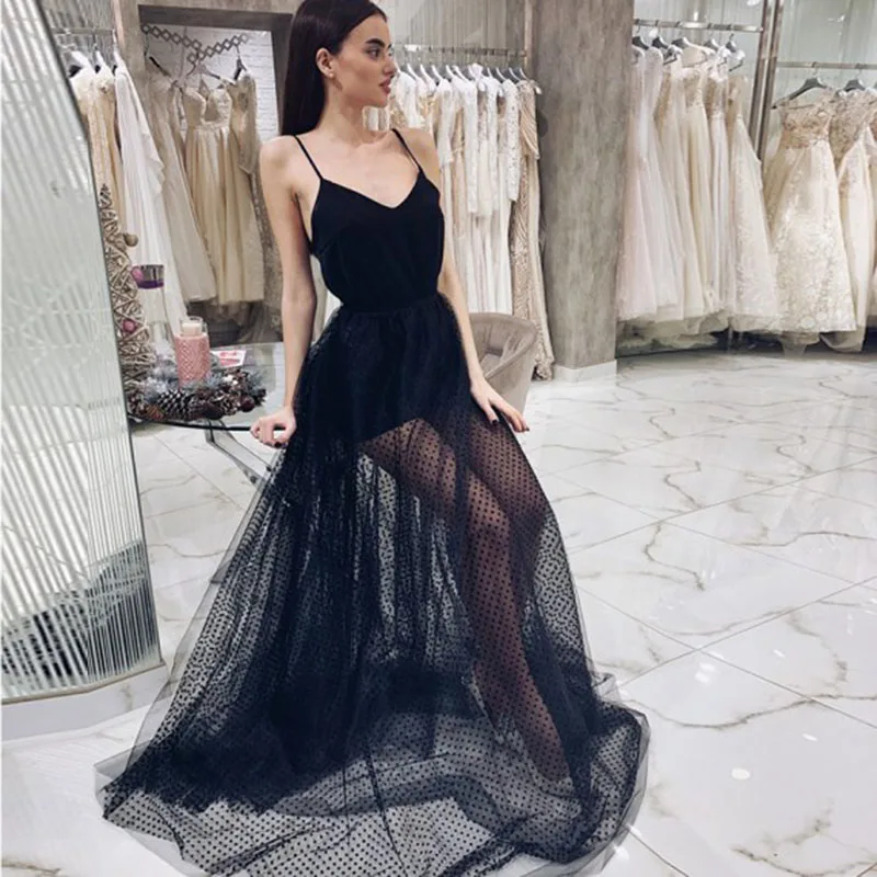 

Black Prom Dress 2020 Sexy A Line Spaghetti Straps V Neck Tulle A-line Floor Length Women Long Formal Evening Party Gowns