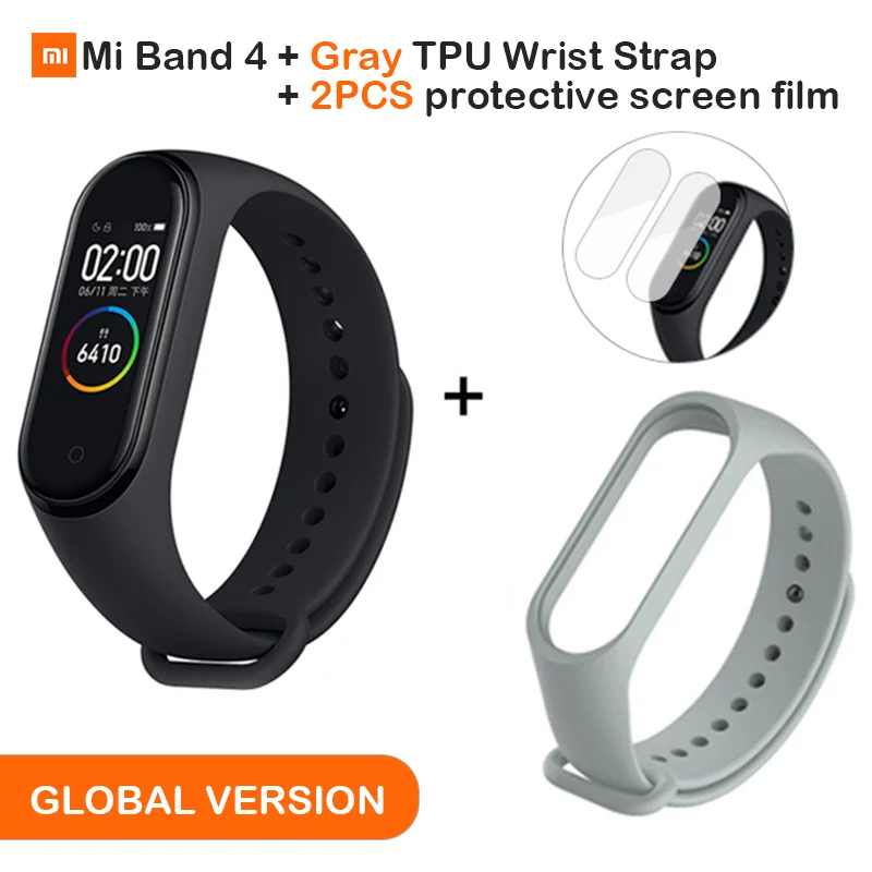 Add Gray Strap Глобальная версия, Xiaomi mi, 4 смарт-браслета, цветной дисплей, браслет, пульсометр, фитнес, Bluetooth, 5,0, для плавания, mi ng, водонепроницаемый - Цвет: Add Gray Strap
