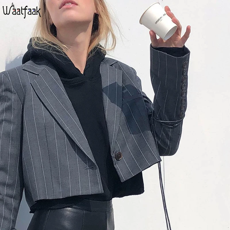 

Waatfaak Chic Striped Printed Ladies Blazer Elegant Autumn Women Crop Blazer Jacket Button Loose Casual Bandage High Street Gray