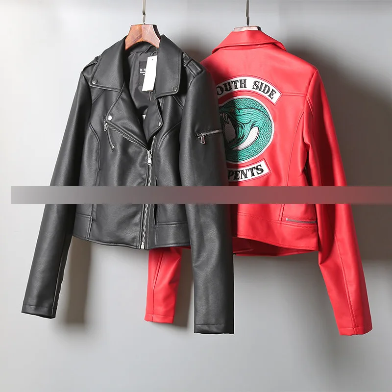 

Ao58 Street Style Motorcycle Cool Pattern Embroidered Short Leather Coat Jacket Women's