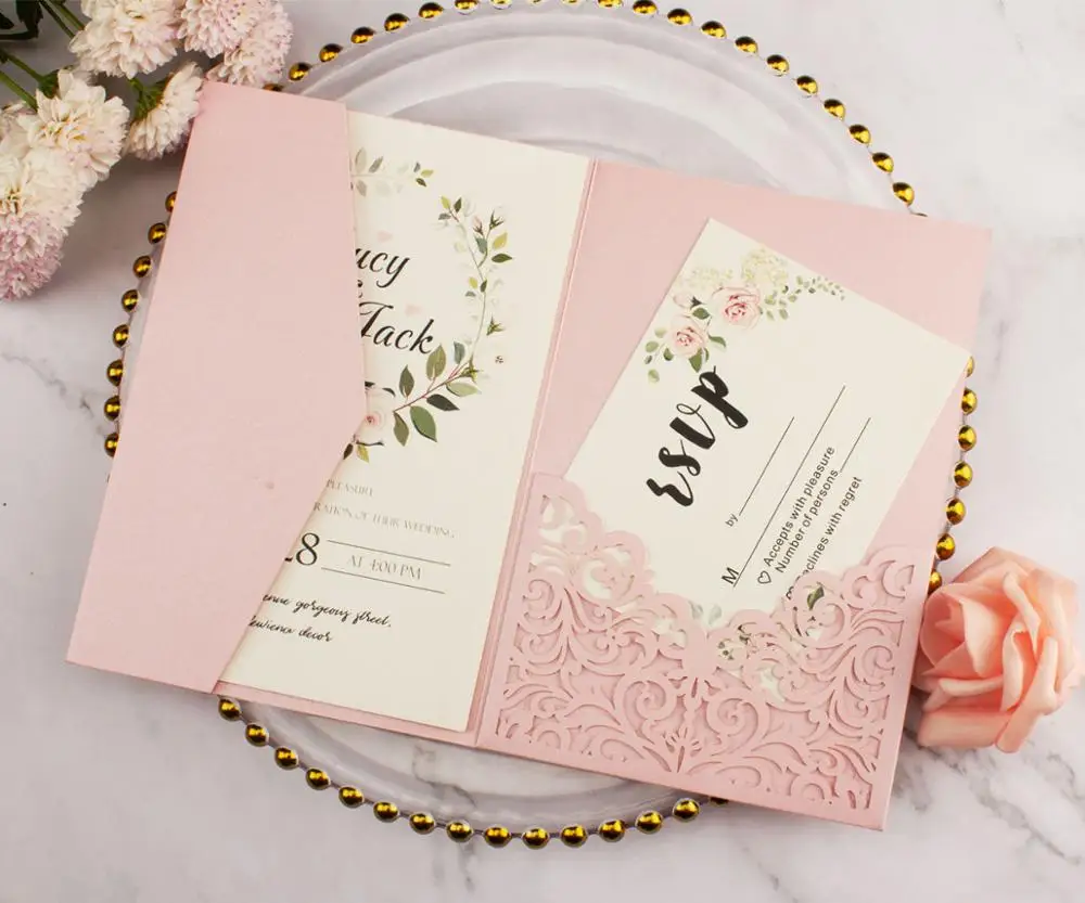  free shipping 100pcs Vine tri fold wedding invitation cards with envelope insert RSVP 3 fold laser  - 4000330802854