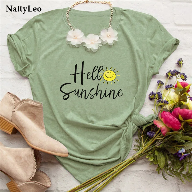 Летняя женская футболка с надписью Hello Sunshine из 100% хлопка круглым вырезом и