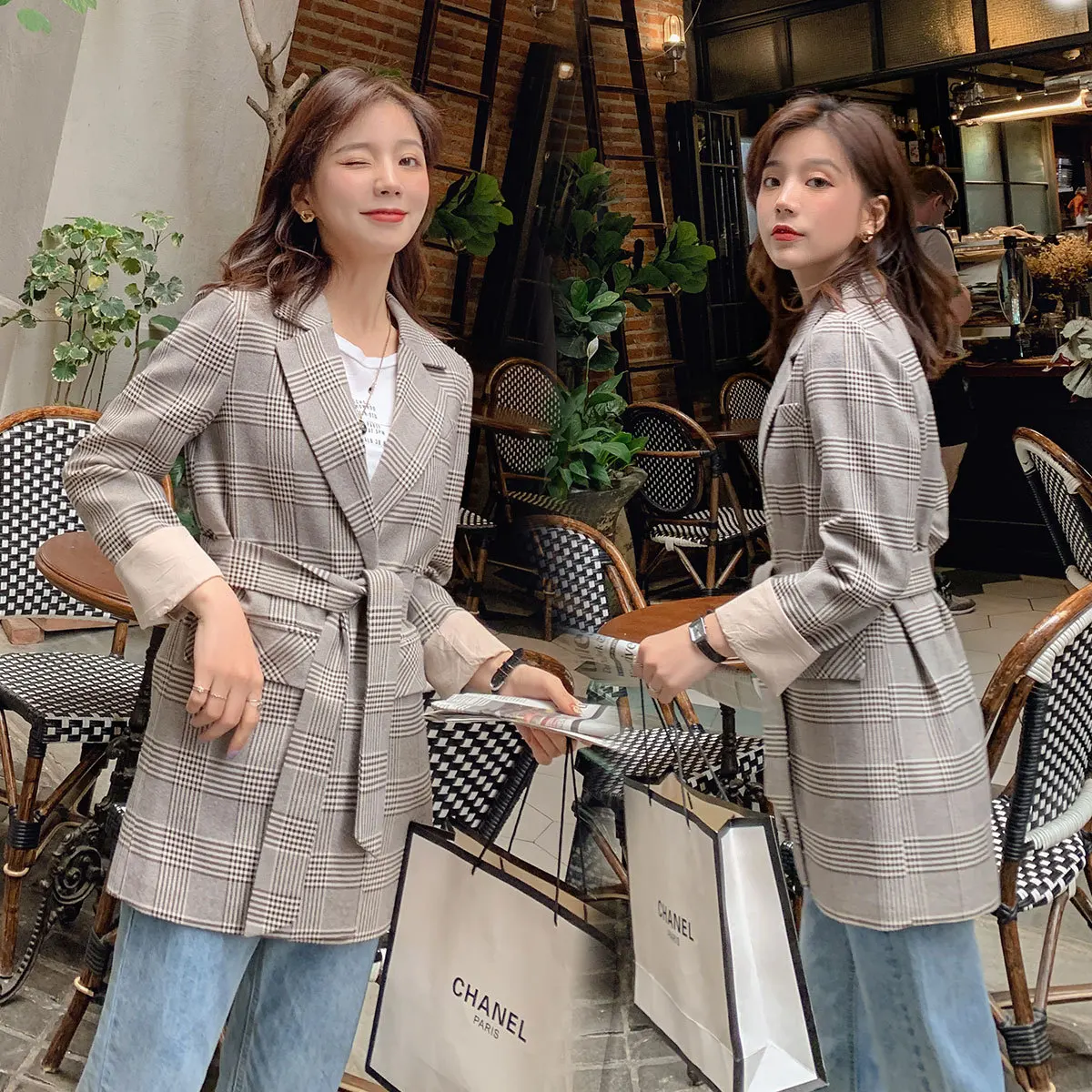 

Plaid Suit Jacket Women's Mid-length Korean-style 2019 New Style Slim Fit British-Style Pattern CHIC Online Celebrity Suit