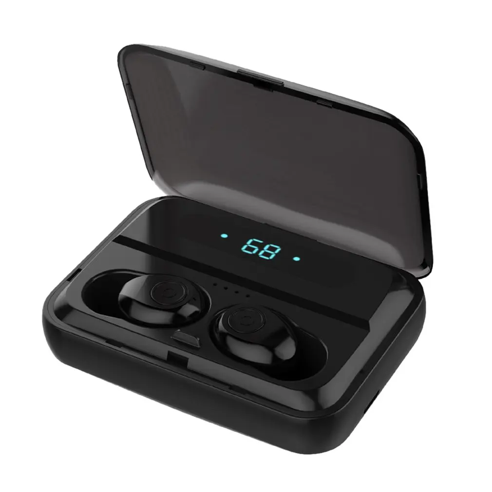 F9-5 TWS Bluetooth наушники 6D стерео мини беспроводные наушники светодиодный дисплей Беспроводные наушники с двойной микрофон зарядки - Цвет: black