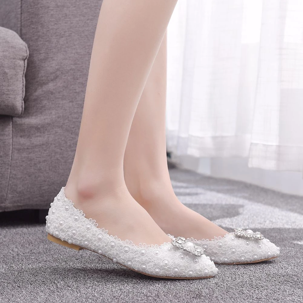 de boda de tacón plano para dama de honor, cómodos, de encaje blanco, con y flores, talla grande 34 43|Zapatos planos de mujer| - AliExpress