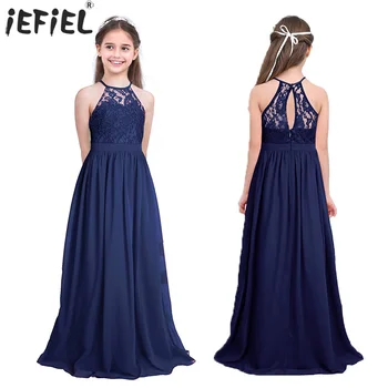 Summer Fashion Flower Girls Dress Wedding  Birthday Party Kids Long Dress Vestido Elegant Halter Neck Floral Lace Princess Dress 1