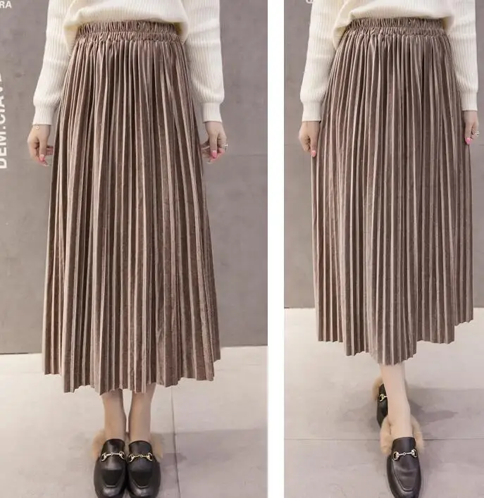 coffee skirt Длинная бархатная Женская плиссированная юбка Fladas Эластичная Высокая талия платье с открытыми плечами большой размер осень зима юбка женская Femme уличная - Цвет: coffee skirt