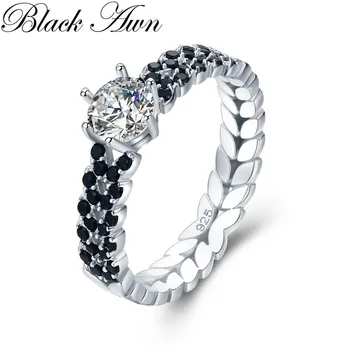 

Office 2.1g 925 Sterling Silver Jewelry Black Spinel Leaf Engagement Rings for Women Bijoux Bague C480