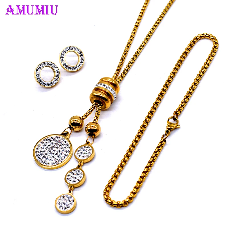 

AMUMIU Round Oval Crystal Jewelry Sets Gold Color Pendant Necklace Bracelet Bangle Earrings sets For Women Jewelry JS123