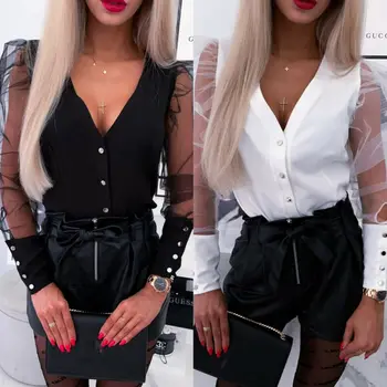 

New Women Sheer Mesh Long Puff Sleeve Shirt Tops Ladies Casual Loose Blouse