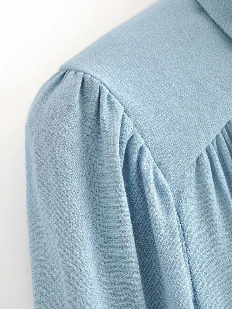 Women Elegant Casual Solid Blouses Long Sleeve Stylish Pleated Blue Blouse Ladies Office Turn Down Collar Shirt Tops